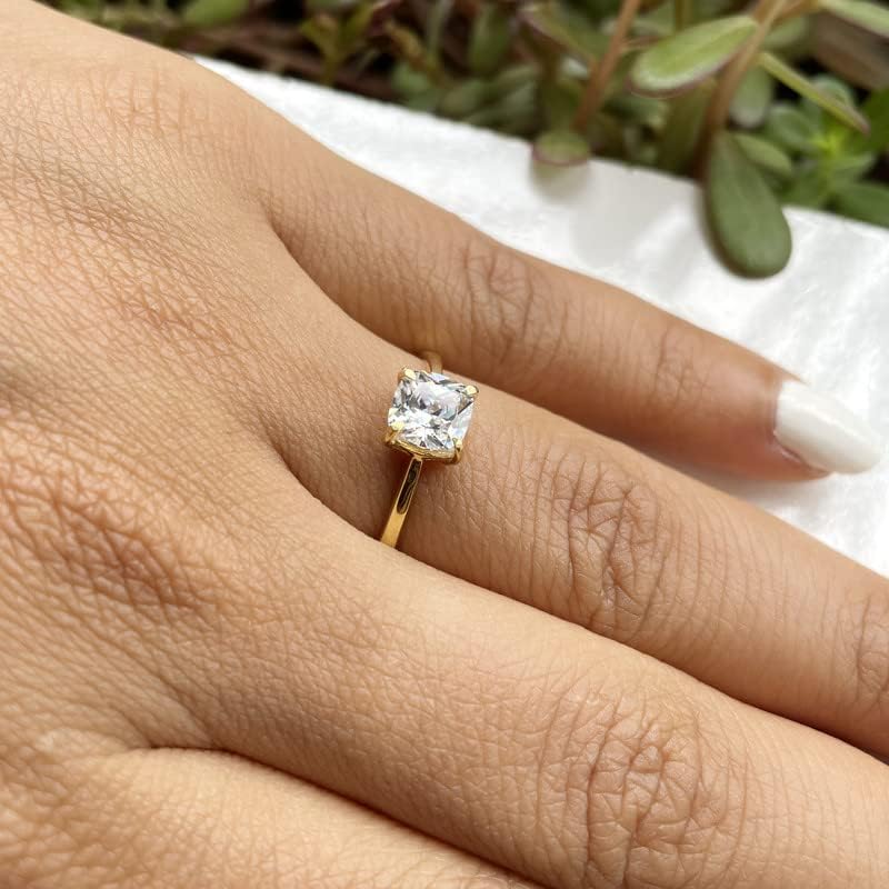 Solitaire Moissanite Ring, 1.25 Ct. Cushion Cut Certified Moissanite Engagement Ring For Women, 14K Gold Plated Silver Moissanite Ring