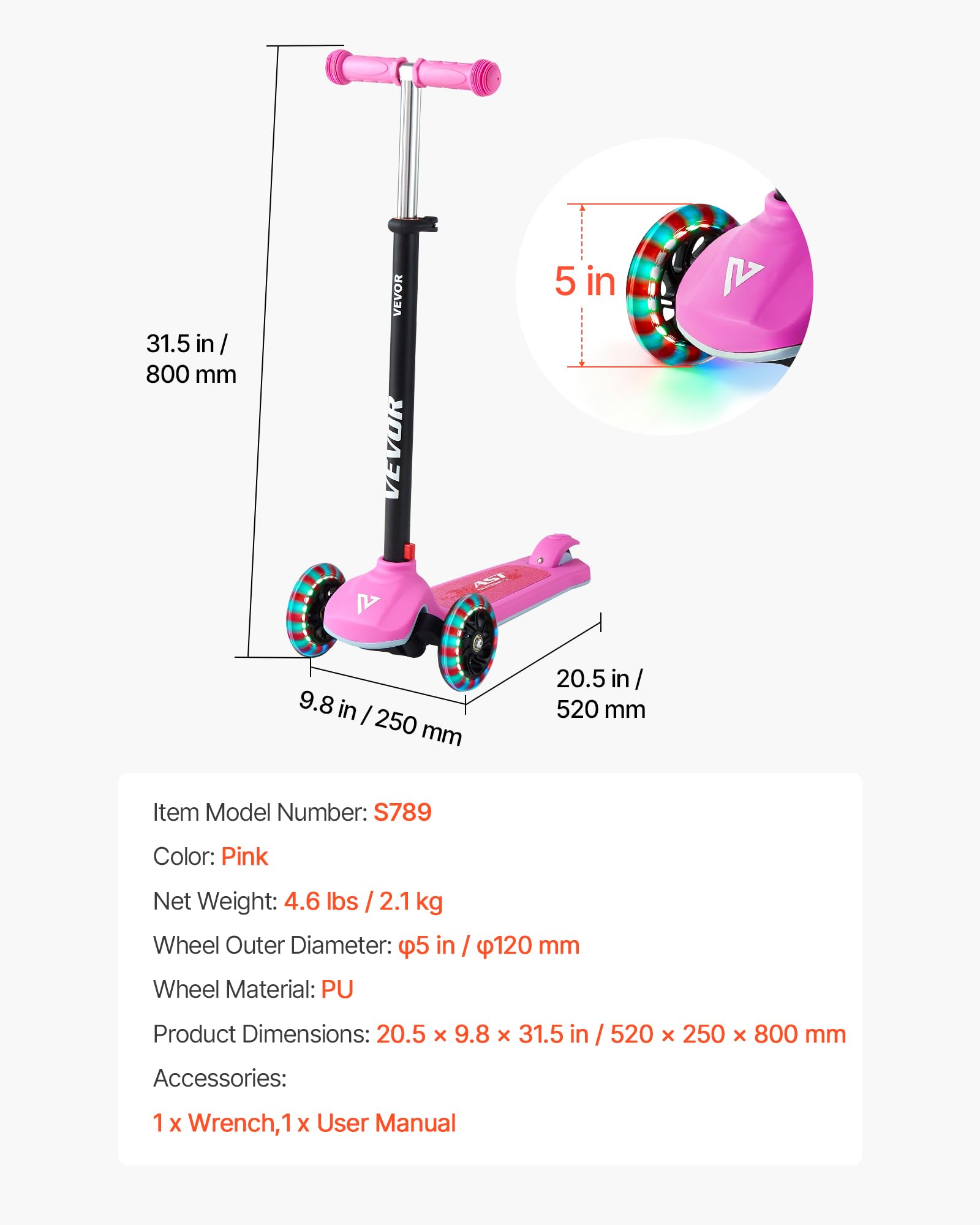 VEVOR Patinete 3 Ruedas, para Niños de 3 Años en Adelante, Ruedas Iluminadas, Manillar de Altura Ajustable, Base Antideslizante y Cuadro de Aluminio Ligero, hasta 75 kg, Rosa, 520 x 250 x 800 mm