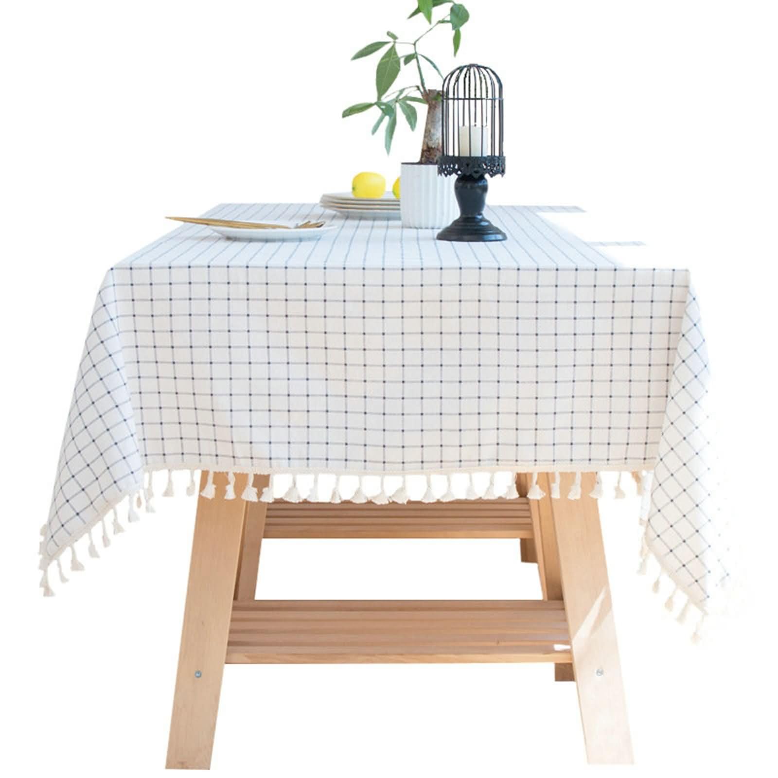 Mantel Lavable Antimanchas Rectangular Blanco, Cuadros con Borlas, de Algodón y Lino Elegante, 140 x 240 cm, Mantel para Cocina