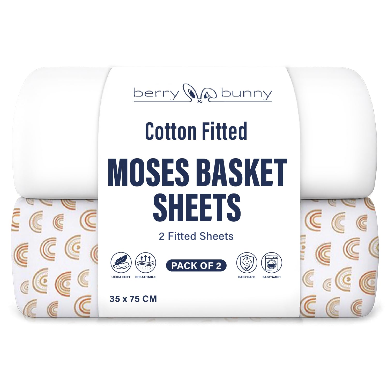 Berry and Bunny 100% Cotton Moses Basket Sheets Pack of 2, Soft Breathable Elasticated Baby Fitted Sheets, 35 x 75 cm, Deep Fit Mattress protector, Baby Bedding All Seasons