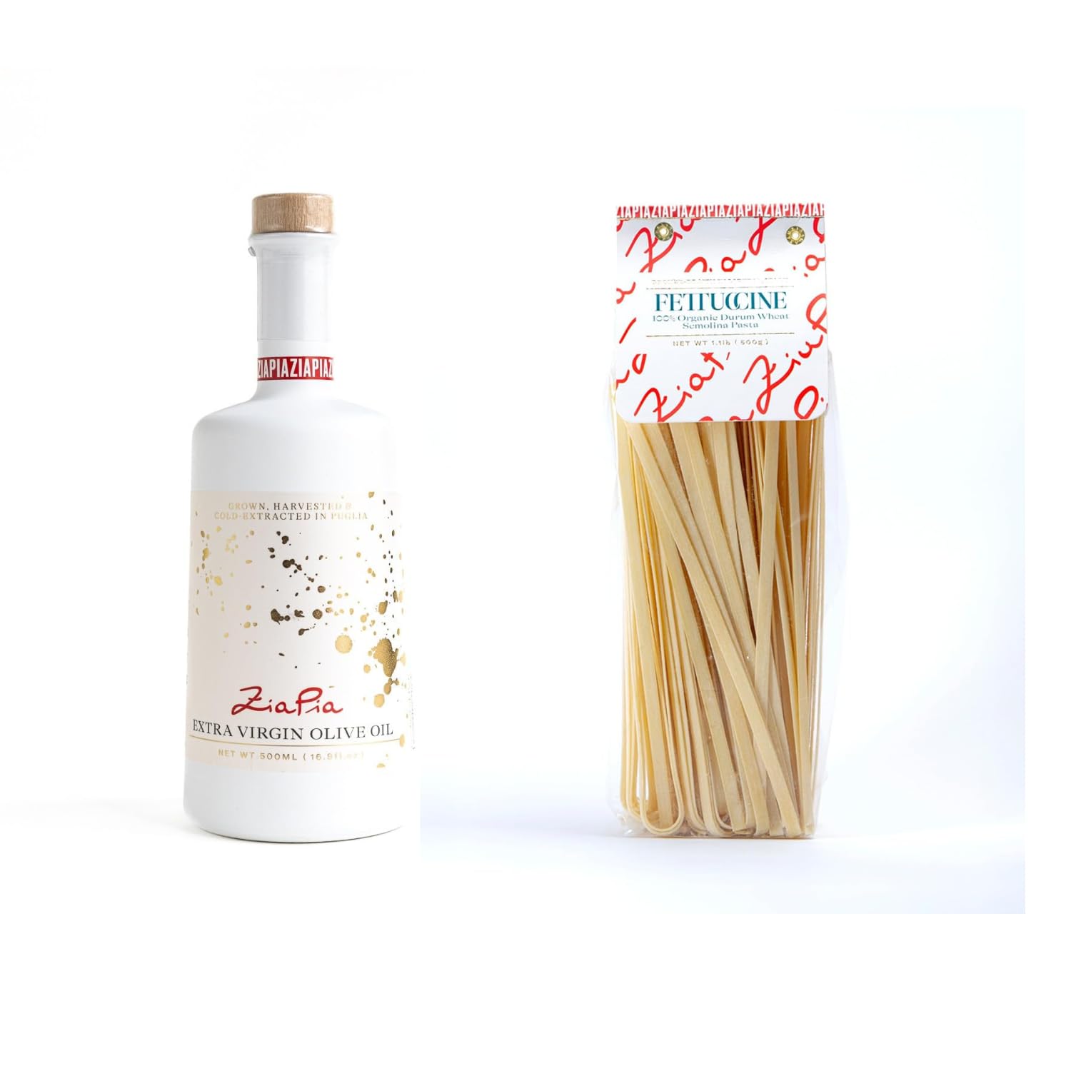 Zia Pia Extra Virgin Olive Oil - 500 mL | Small Batch Organic Olive Oil + Zia Pia Organic Pasta - Fettuccine (500g) | Traditional Italian Pasta