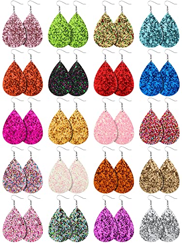 Hicarer 20 Pairs Glitter Leather Earrings Bulk Colorful Teardrop Dangle Earring for Women Christmas Birthday Gift Fashion Jewelry
