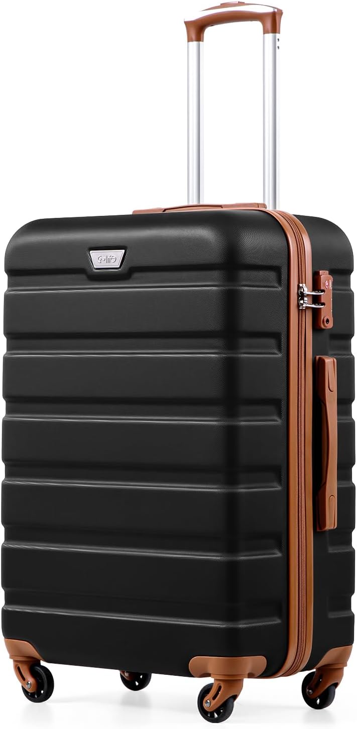 COOLIFE Luggage Carry on Hand Travel Gear Trolley Luggage Bag ABS Lightweight Hard Shell with TSA Lock and 4 Spinner Wheels (Black/Brown, M(24 Inch))