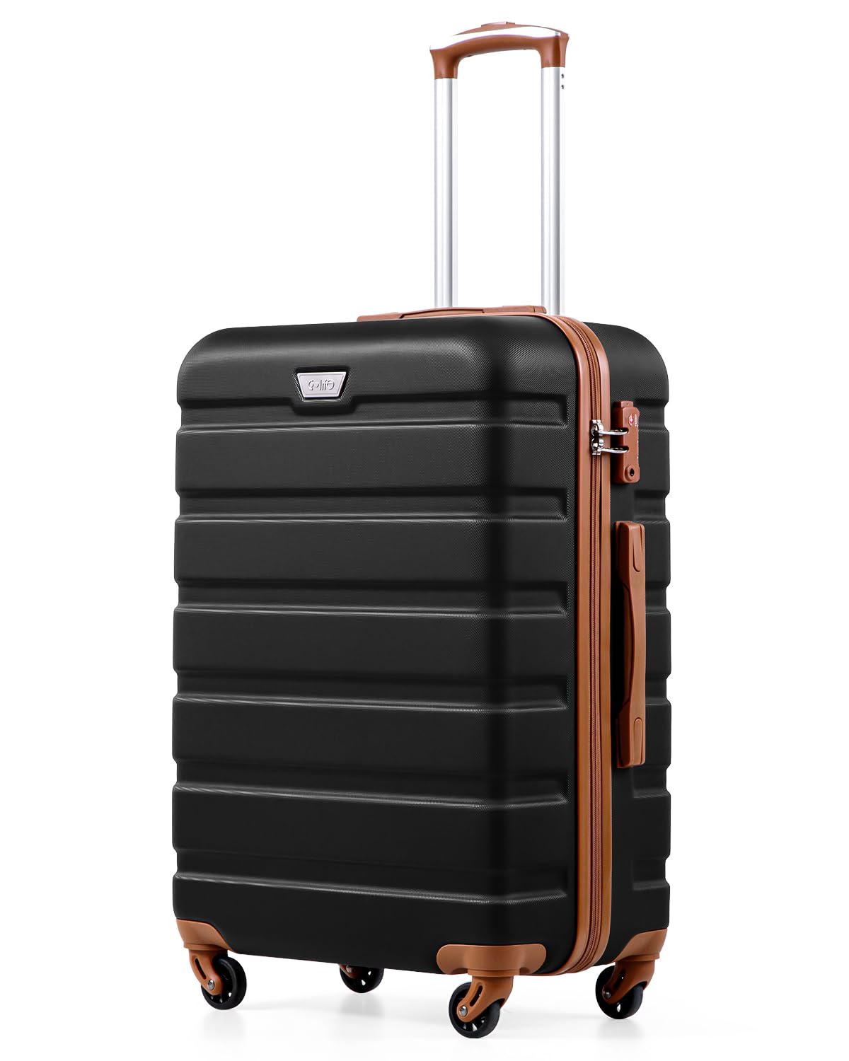 COOLIFE Luggage Carry on Hand Travel Gear Trolley Luggage Bag ABS Lightweight Hard Shell with TSA Lock and 4 Spinner Wheels (Black/Brown, M(24 Inch))