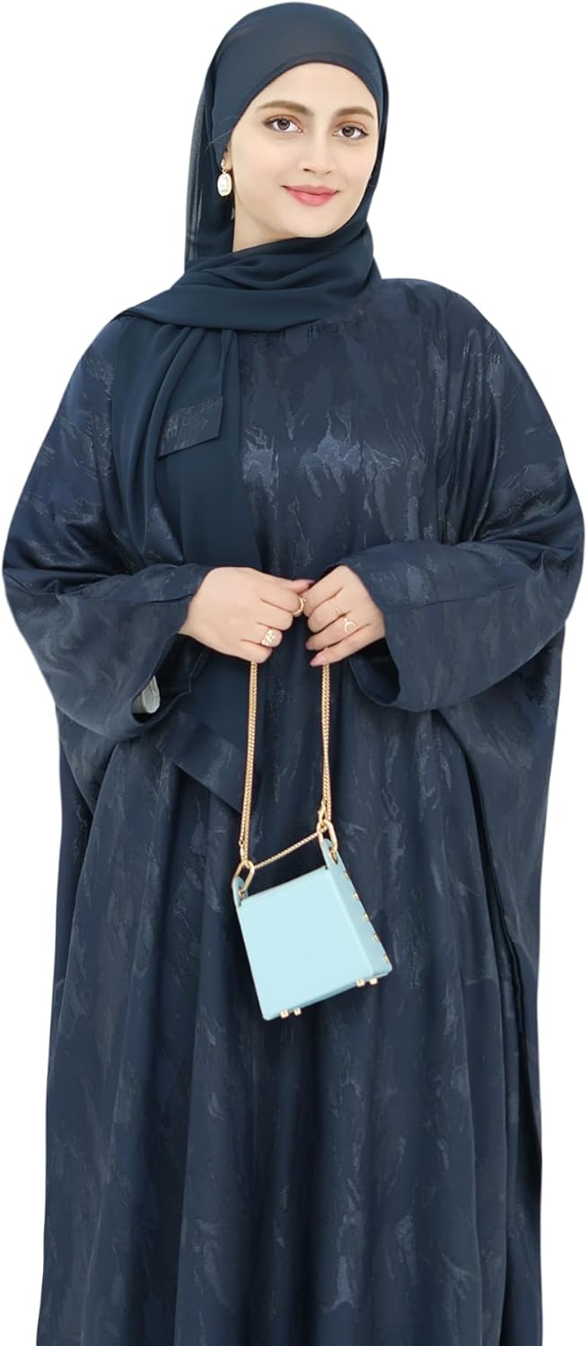 khalat Abaya Muslim Dress Women Satin Jacquard Prayer Dress Batwing Long Sleeve Islamic Dubai Robe with Chiffon Hijab - Image 5