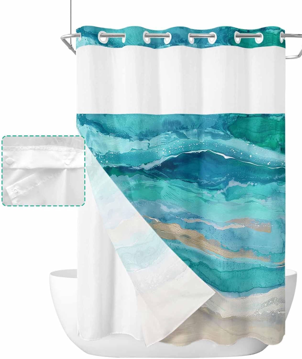 Abstract No Hook Shower Curtain with Snap in Liner Waterproof Fabric Shower Curtain Set for Bathroom Abstract Ocean Wave Beach Ombre Teal Blue Shower Curtain with See Through Top Window 72"x84"