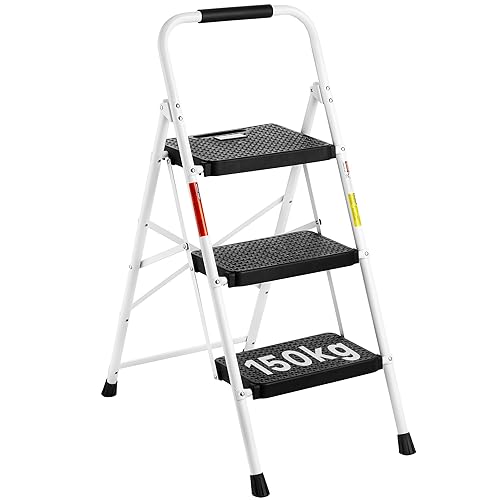 BONTEC Scala a 3 gradini, sgabello pieghevole, capacità di carico massima 150 kg, in acciaio robusto, pedali antiscivolo, scala leggera e portatile in acciaio con comodo corrimano, design di