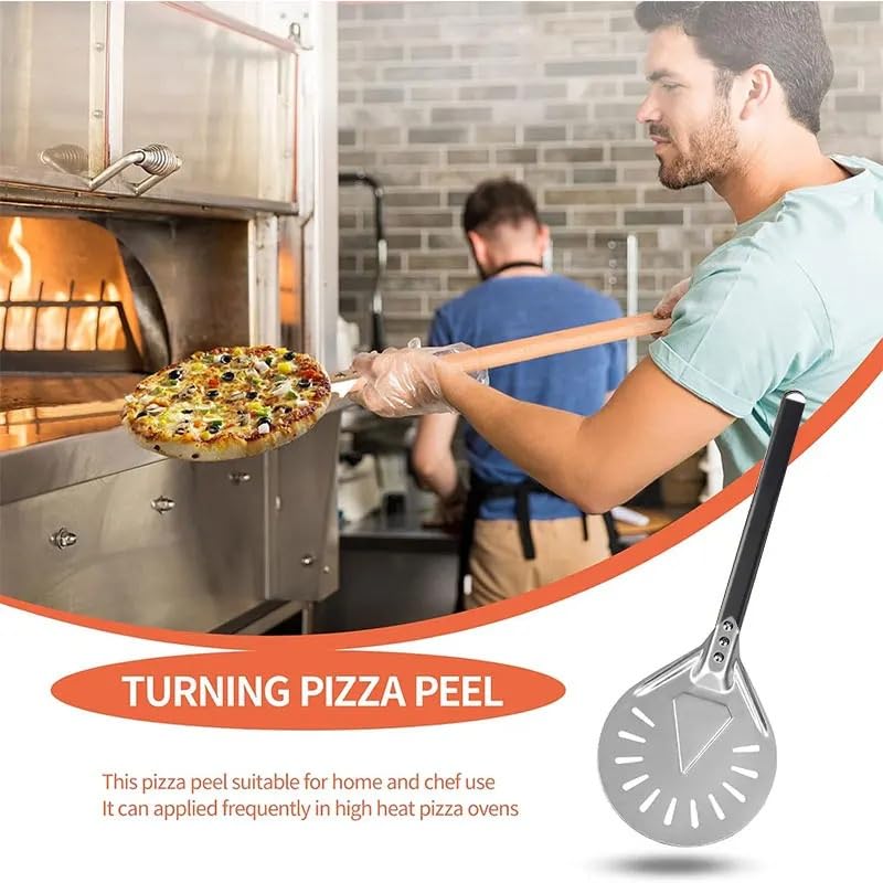 Pala Pizza Pala giratoria for pizza redonda de 7/9/12 pulgadas, aluminio perforado, con mango largo, accesorios for horno(12 inch Metal Handle)