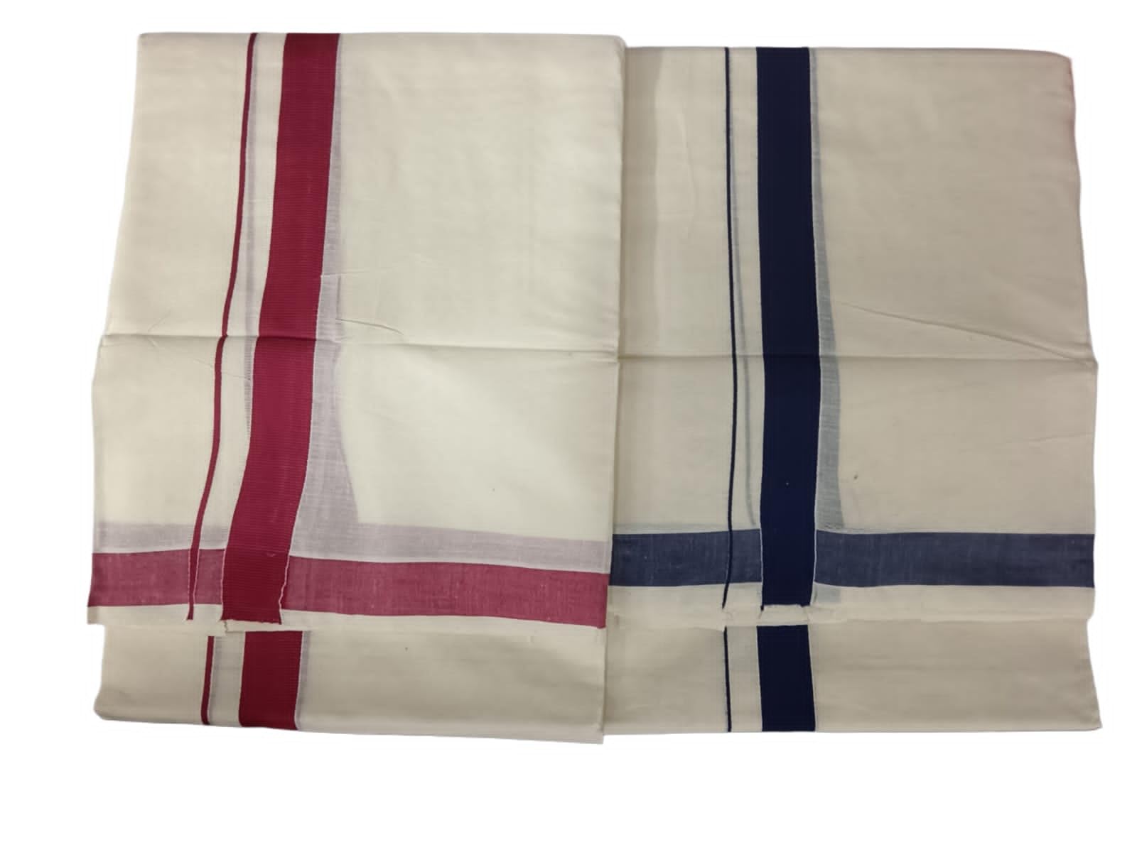 Traditional Kerala Cotton Mundu Double Dhoti, 4m Length, Dark Red and Navy Blue Border Combo, White-picture-26