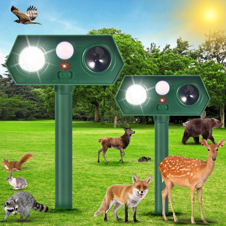 2 Pack Solar Animal Repellent Ultrasonic Cat Deterrent Outdoor Deer Repellent Devices with Motion Sensor Animal Repeller to Raccoon Squirrel Rabbit Dog Skunk with lP66 Waterproof for Yard Lawn