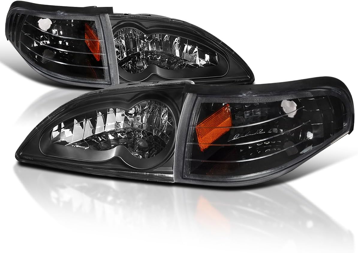 SPEC-D TUNING Black Housing Clear Lens Headlights + Corner Lights Compatible with 1994-1998 Ford Mustang L+R Pair Head Light Lamp Assembly