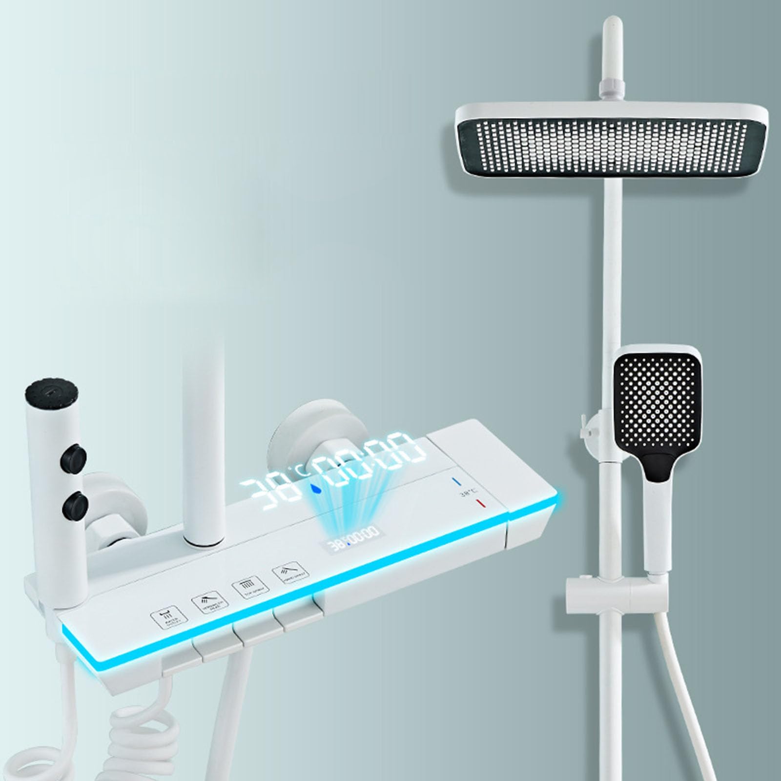 ZYCHSJXA Shower Faucet SetThermostatic Piano Keys with Digital Display Ambient Lights, Wall Mounted Fixtures Rain, Tub Spout, Hand, Bidet Sprayer,White