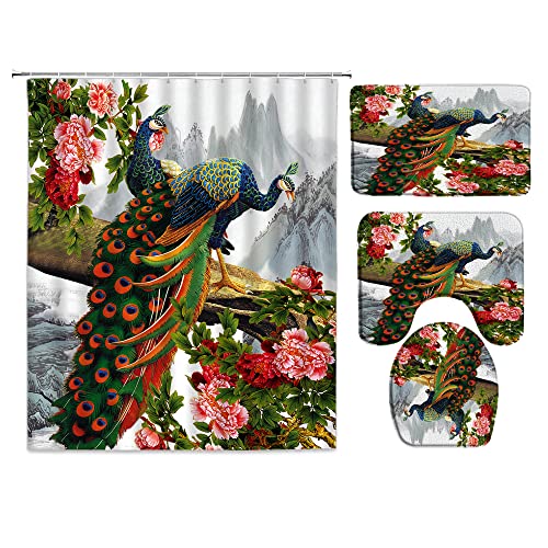 Yadshoti Peacock Bath Rugs Beautiful Flower Bird Peony Floral Plant Scenery Polyester Curtain and Flannel Non-Slip Rug Toilet Lid Cover U Shape Mat 4pcs/Set