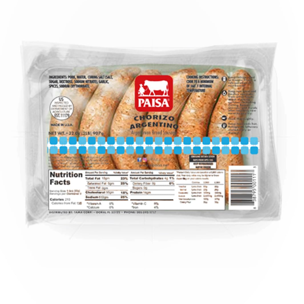 Paisa Argentinian Style Chorizo Sausage 100% Natural Meat, High Protein Low Carb, Keto, Gluten Free (Pack of 4-20 chorizos total)