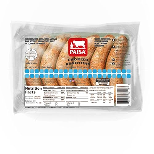 Paisa Salchicha de chorizo estilo argentino 100% carne natural, alta proteína baja en carbohidratos, keto, sin gluten (paquete de 4-20 chorizos en