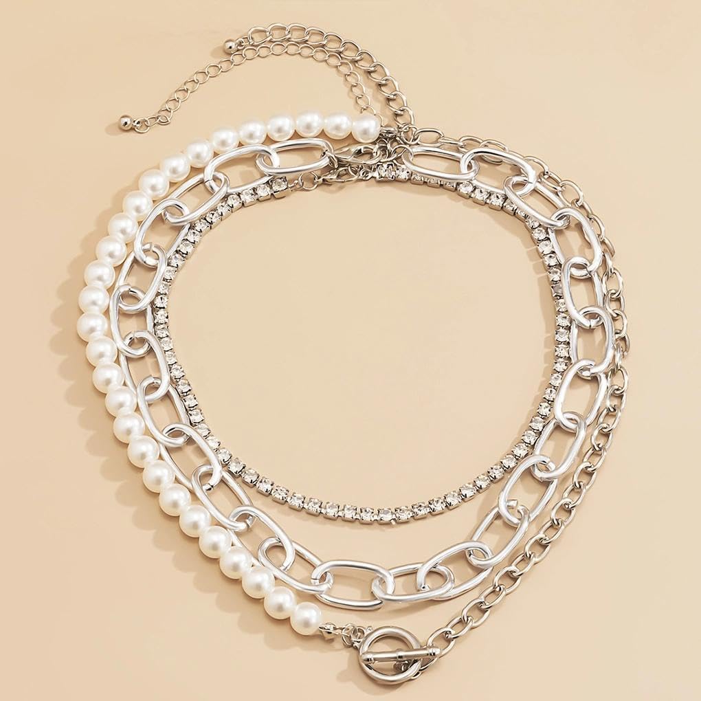 Chunky Pearl Stackable Statement Clavicle Necklaces Layered CZ Beaded Choker Necklace for Women OT Clasp Neck Accessory Fashion Party Prom Jewelry - Image 7