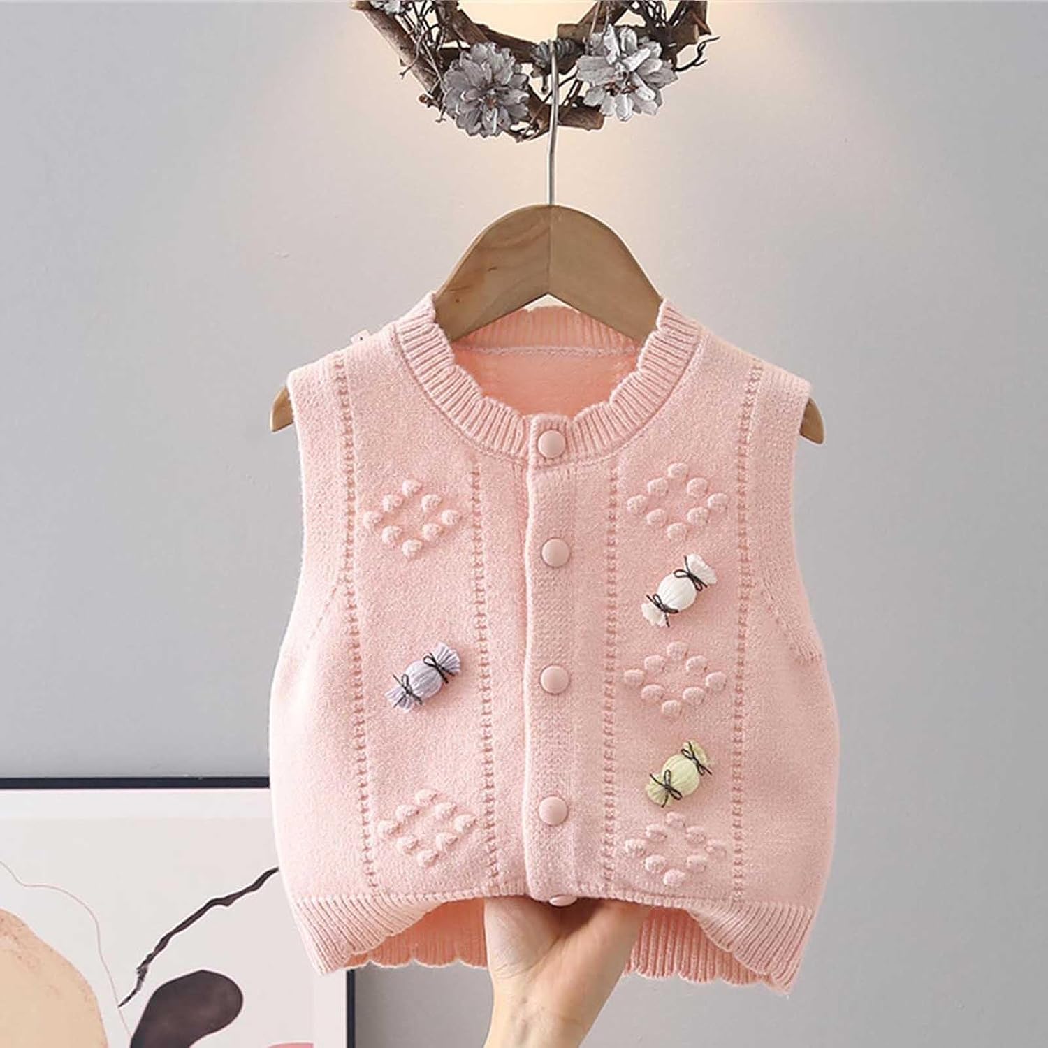 Girls Button Front Knit Sweater Vest Applique Sleeveless Cardigan