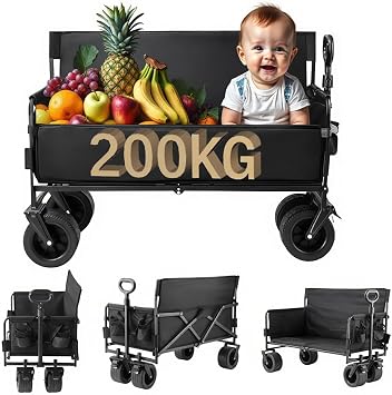 Heavy-Duty Folding Utility Wagon, Black, 445lb Capacity, All-Steel Frame, 360  Swivel Off-Road Wheels with Brakes, Festival Trolley