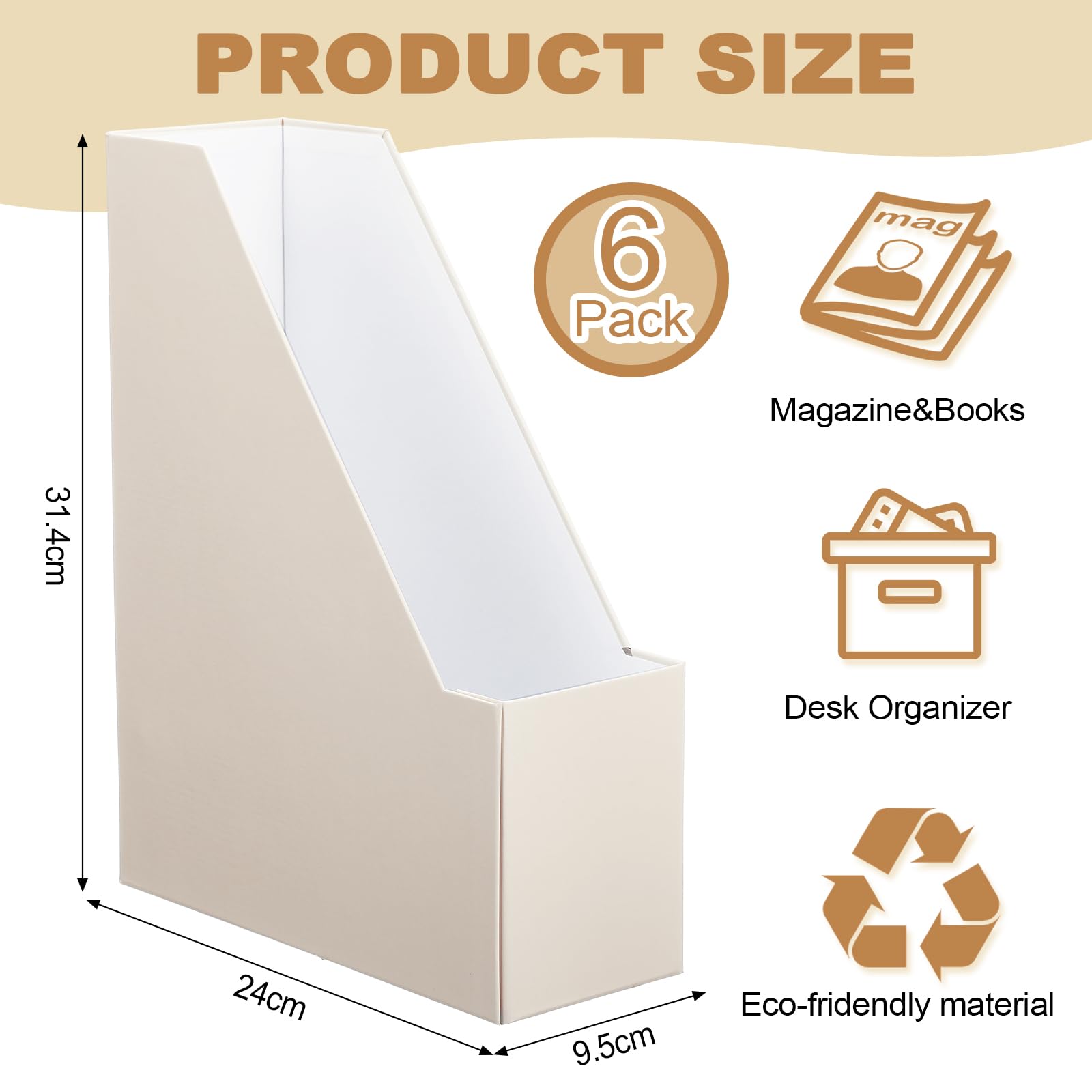 Feifeiya Magazine File Holder Set of 6 Stylish Sturdy Cardboard File Boxes Desk Organizer Beautiful Magazine Holder Rack with Gold Label Holder for Home Office Desktop Bookshelf Classroom(Beige)