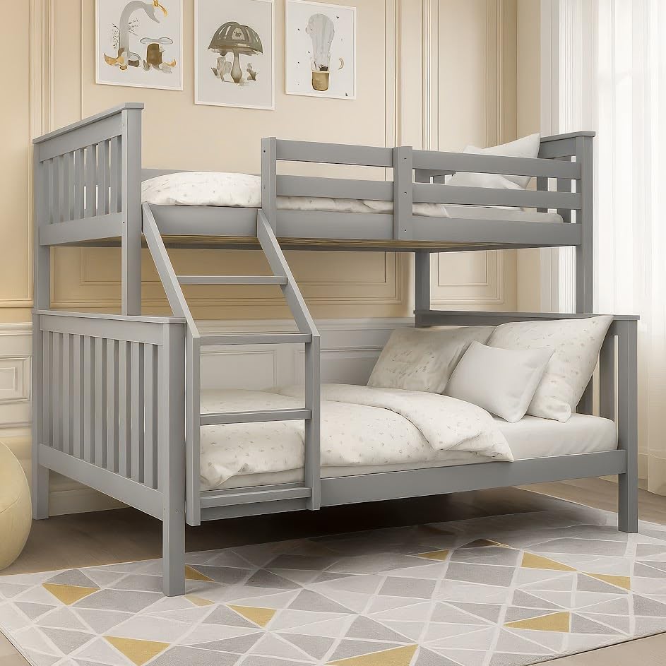 Blisswood Triple Bunk Bed, 4ft6 Double & 3ft Single Wooden Bunk Beds Solid Pine Wood Frame Wooden Bunk Beds With Ladder Triple Sleeper Kids Bunk Bed (Grey, L198cm x W143cm x H146)