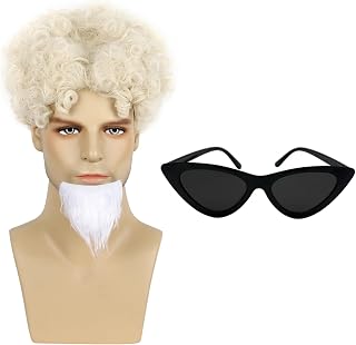 Mens Blonde Curly Wig with Goatee Beard and Glasses for Halloween Cosplay Costume Accessories