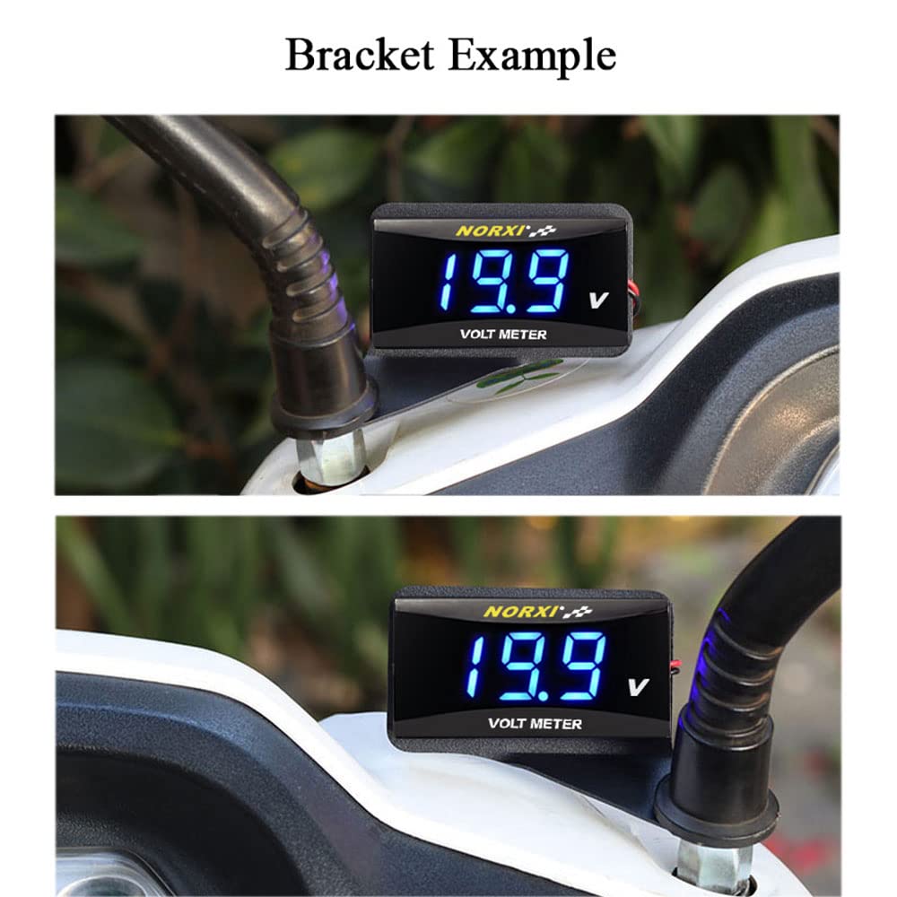 Motorcycle Digital Voltmeter DC 12V Voltage Meter Waterproof Volt Meter for Car Motorcycle with Low Voltage Alarm Function (Red with Right Bracket)