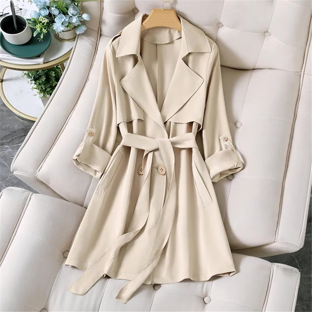Spring Autumn Long Trench Coat Women's Fashion Double-Breasted Belt Slim Windbreaker Outerwear