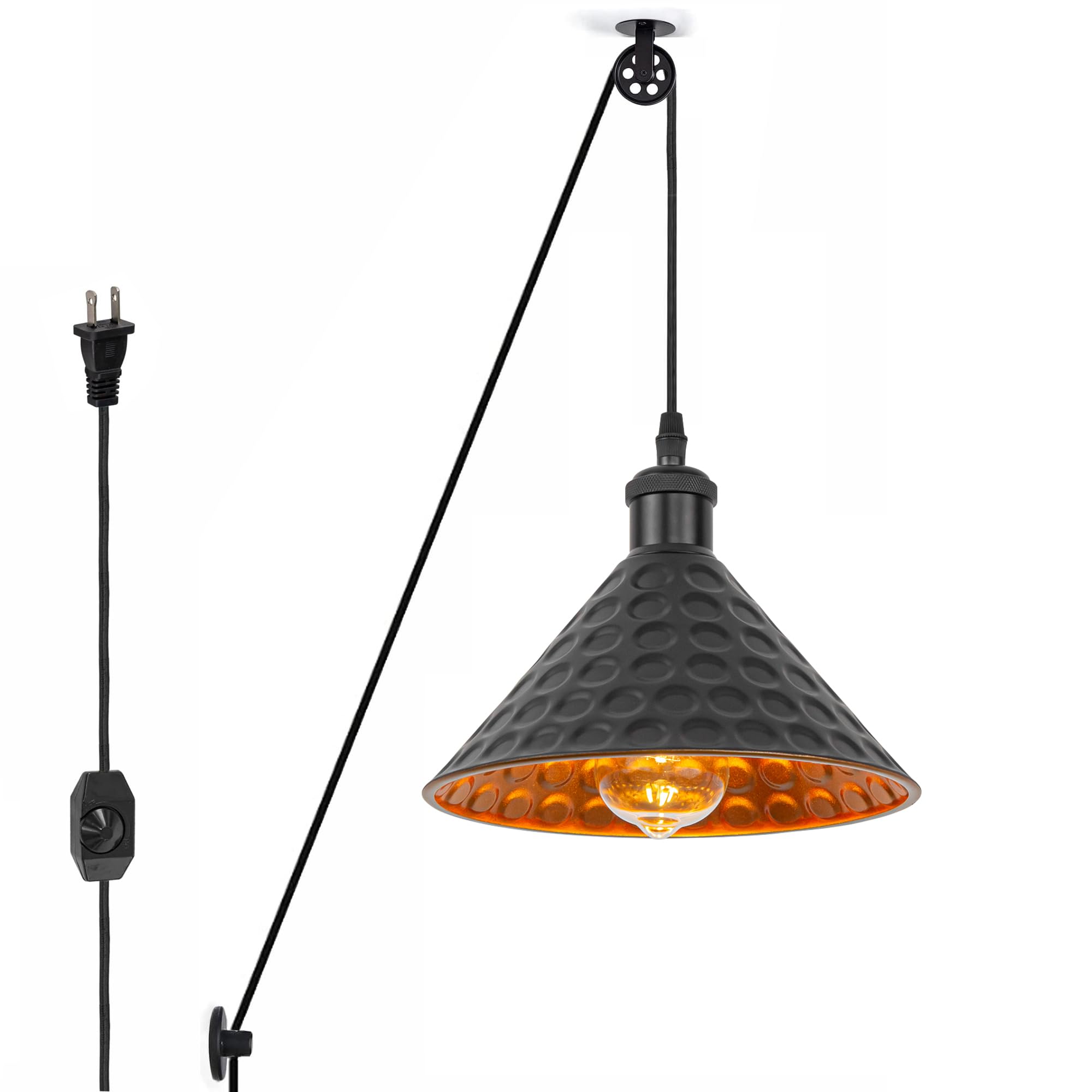 Kiven 1-Light Plug in Pendant Light,Industrial Pulley Hanging Light with 15FT Cord, Dimmable Ceiling Pendant Light for Bedroom Hallway Foyer Kitchen Island, E26 Socket, Black Finish, Gold Inner