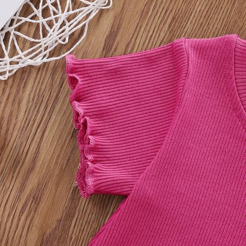 Image of Toddler Girl Clothes Summer Outfit Short Sleeve Shorts Set 12M-5T | Soft ribbed knit toddler girl outfit with breathable fabric, ruffle top, comfy shorts and stretchy fit for summer daily wear.