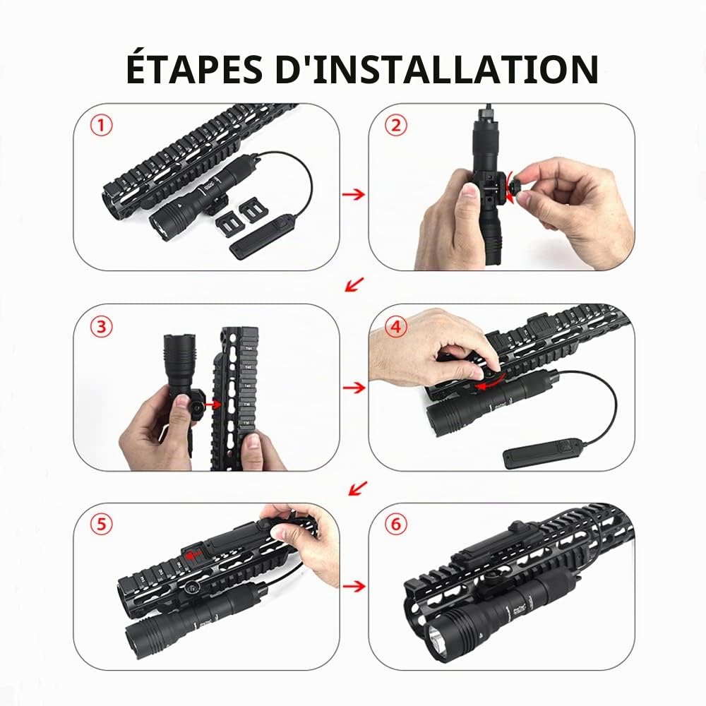 Lampe Torche Tactique Rail Avec Double Interrupteur à Distance et Interrupteur à Bouton de Queue Torche à de 900 Lumens pour Système de Rail Picatinny de 20 mm (Noir)