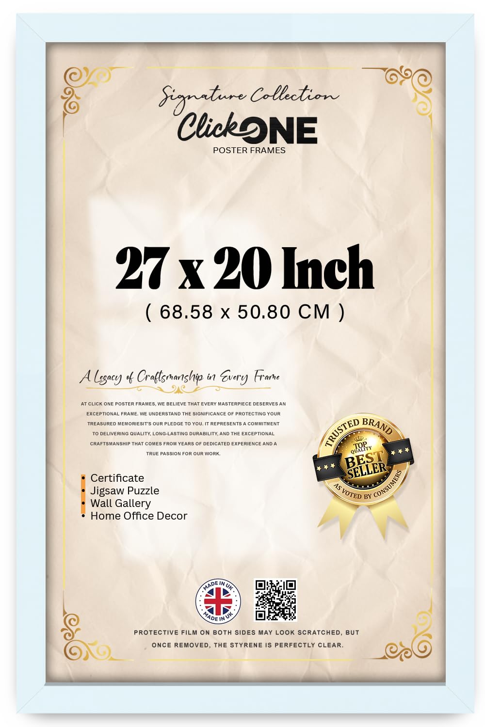 Click One — Rectangle Contemporary Engineered Wood Finish 27 X 20 Inch Picture Frame | Gallery Style White Border For Photos, Posters And Wall Art (68.58 X 50.80 CM) Modern Display