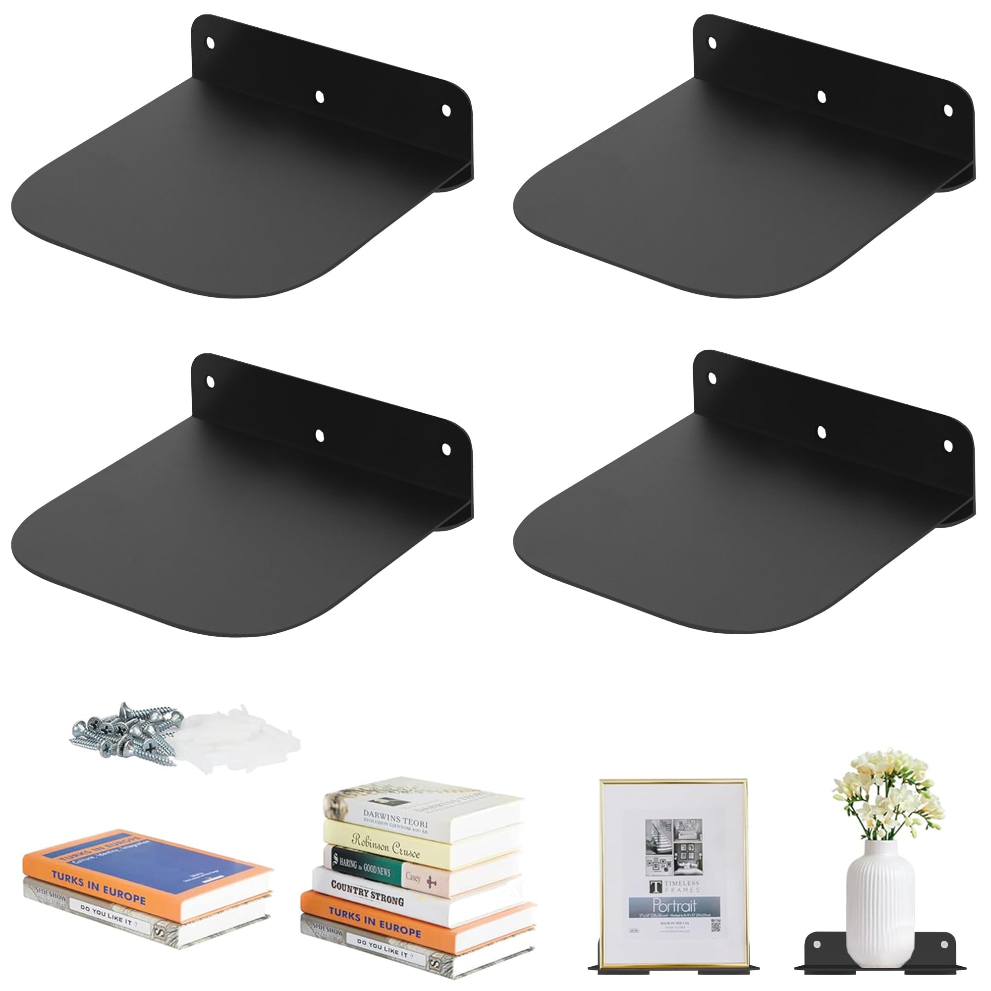 STORAGE MANIAC Floating Book Shelves for Wall Mounted Invisible Floating Bookshelves Heavy-Duty Steel Hidden Bookshelf Hanging Bookshelves for Bedroom Living Room Office, Black 4-Pack