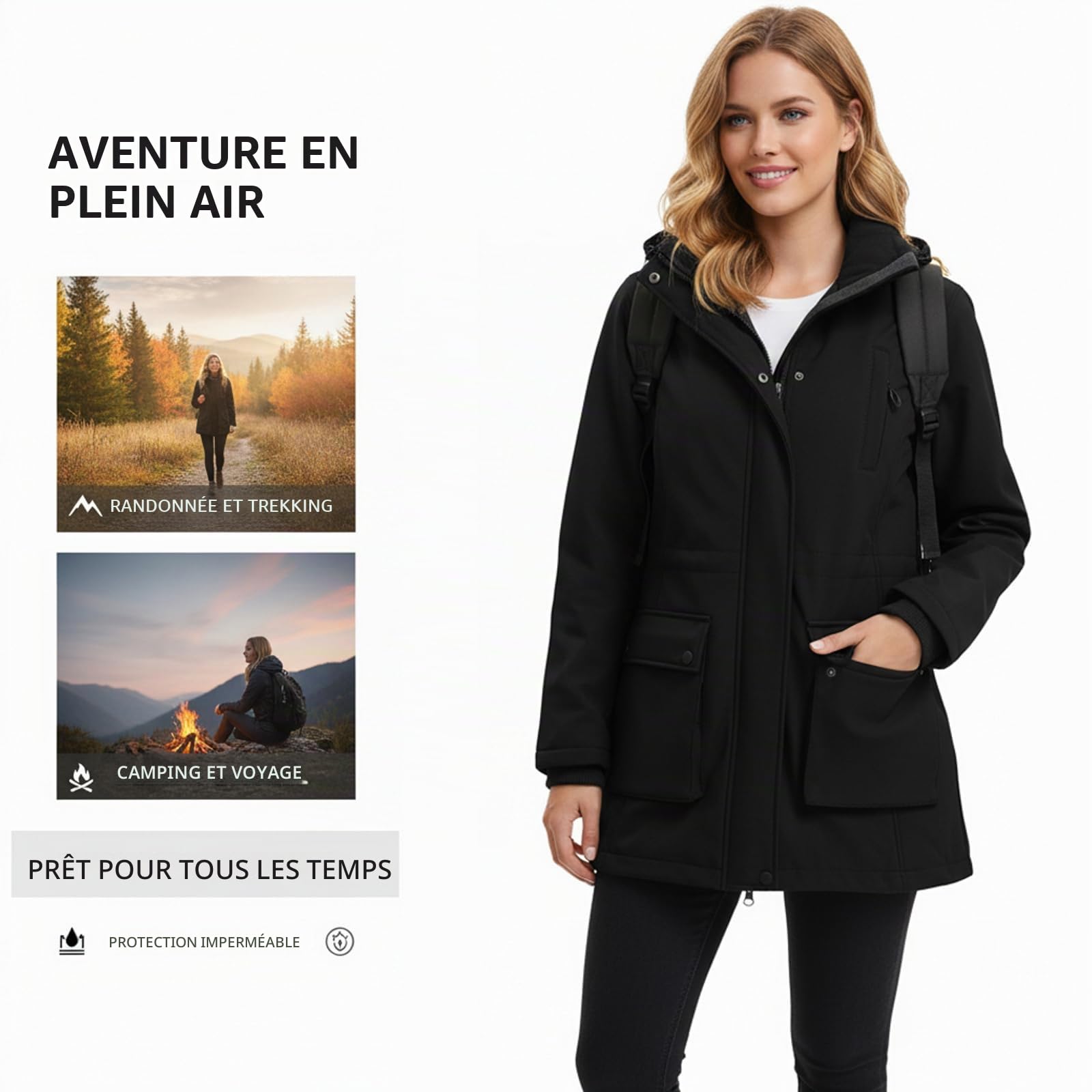 Veste imperméable Femme Vestes Softshell longues Manteau Zippé Coupe-Vent Imperméable d'extérieur Capuche Blouson