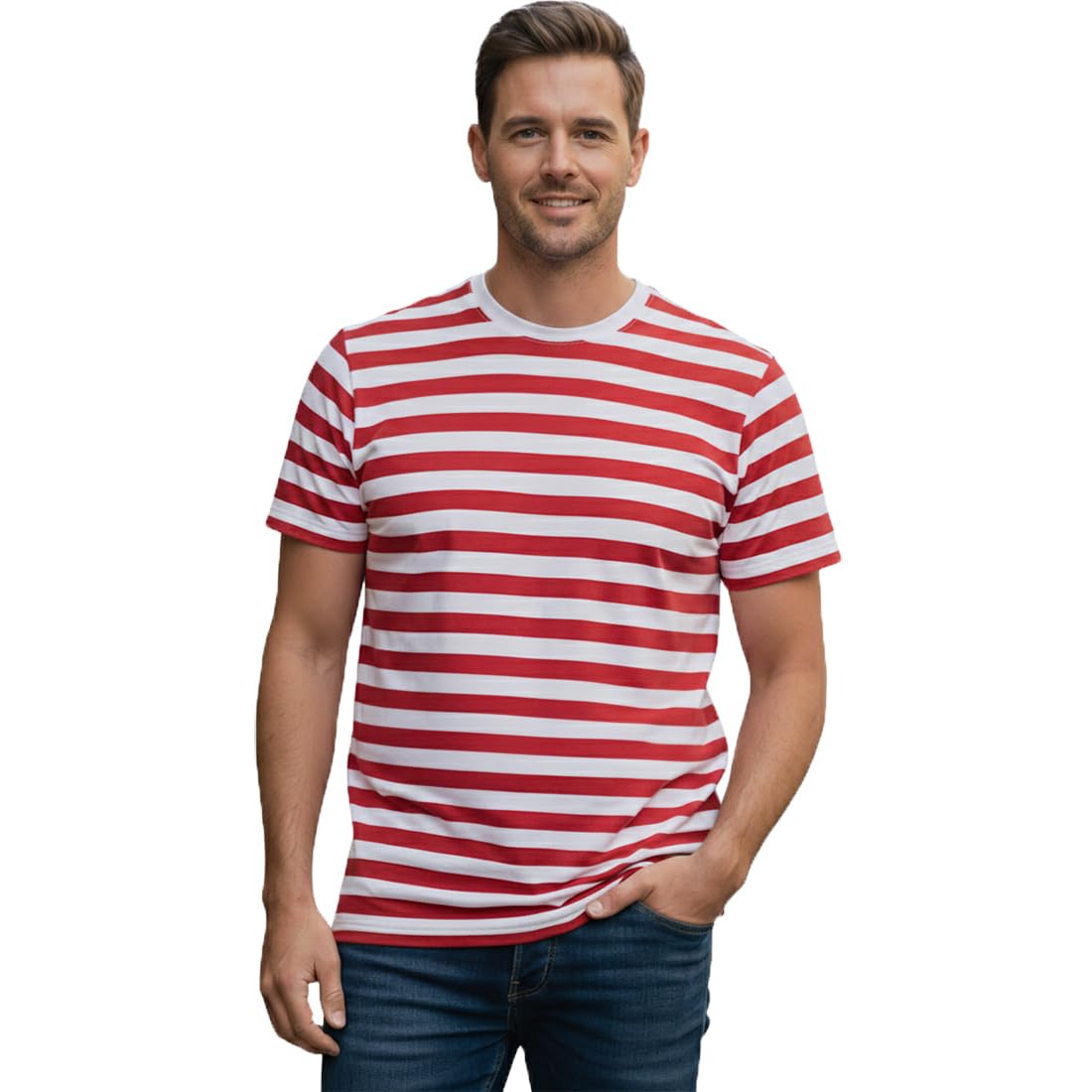 Mens Womerns Red and White Stripe T Shirt Hat Glasses 3 pcs Set Unisex Fancy Dress Book Week Costume (T Shirt Only Medium)
