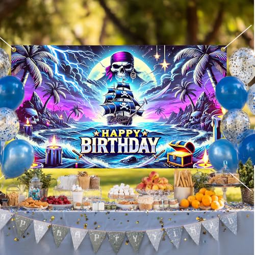 Image of Happy Birthday Backdrop Pirate Ship Skull Treasure Neon Photography Background 70.8x43.3in Boys Kids Party Decorations