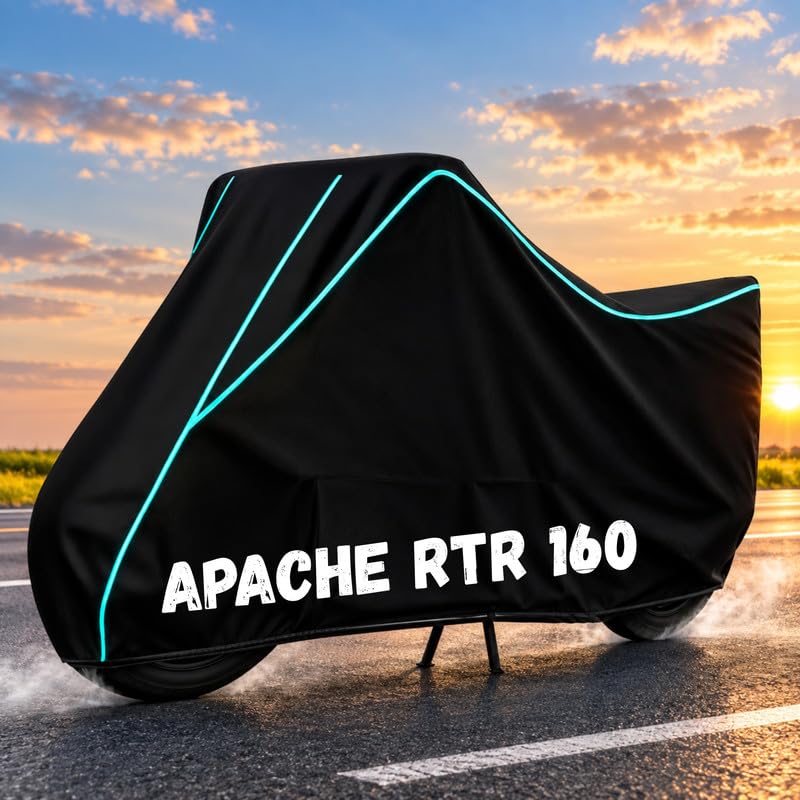 Image of Bike Body Cover for Apache RTR 160 - Heavy Duty Waterproof, Dustproof & Scratch Resistant Motorcycle Cover, Full Body Outdoor Cover with UV & Rain Protection, Black Aqua Piping