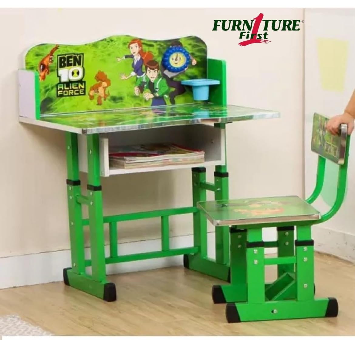 FURNITURE FIRST Engineered Wood Imported Height Adjustable Study Table With Chair For Kids Students Girls Boys With Melamine Graphics And Glossy Lamination. (Age 3-11 Years) Style - Ben 10 Green