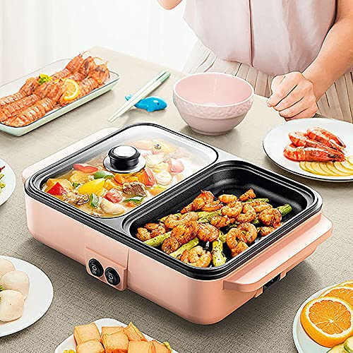 2-in-1 Electric Grill with Hot Pot 1200W 110V, Portable Electric Hot Pot Barbecue Grill Non-Stick Teppanyaki Pan Indoor Multifunctional Hot Pot Split-Design Baking Tray (Pink)