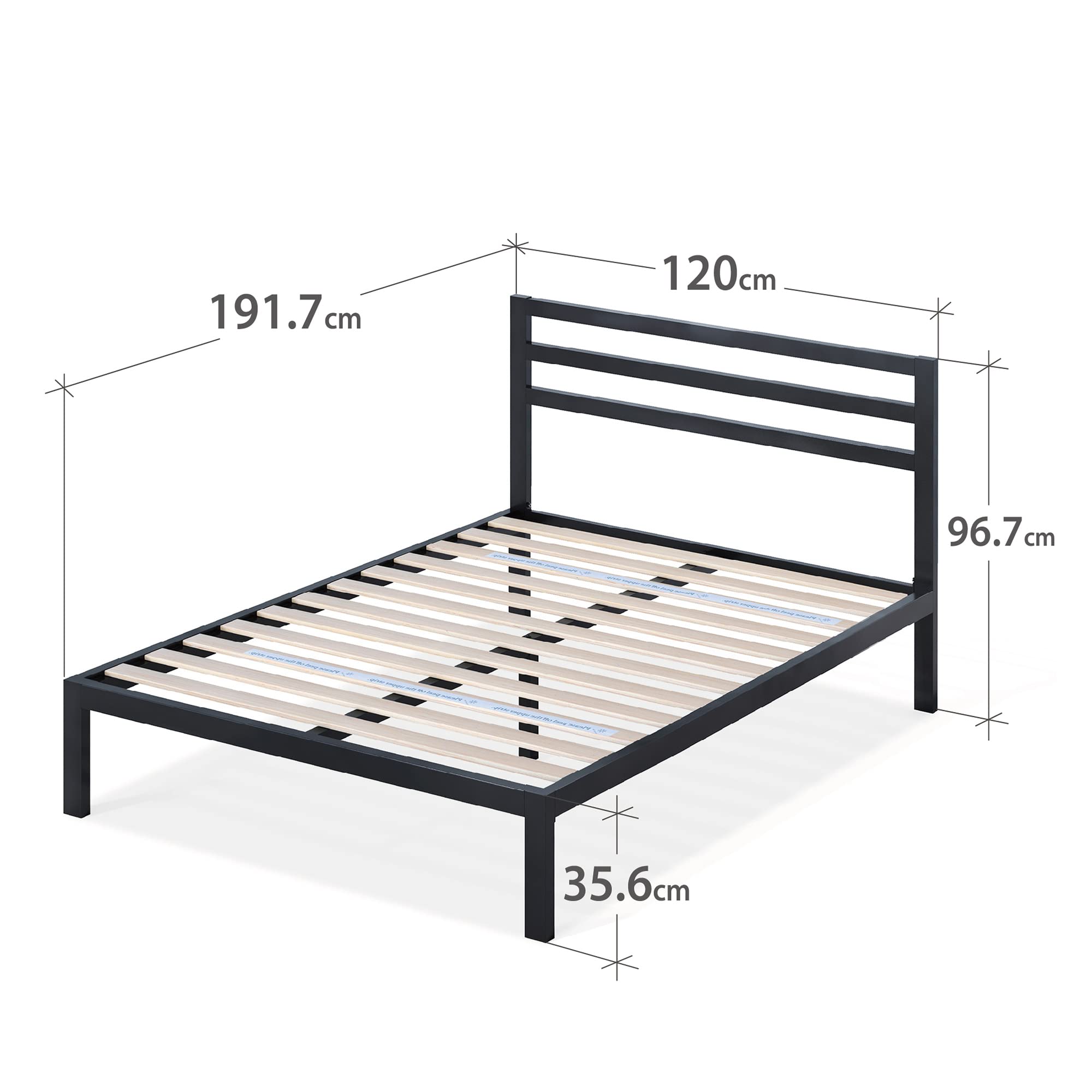 Zinus Mia Struttura Letto 120x190 cm con Testiera in Metallo - Altezza 36 cm - Letto Una Piazza e Mezza con Doghe in Legno e Spazio Sottostante - Facile da Montare - Nero