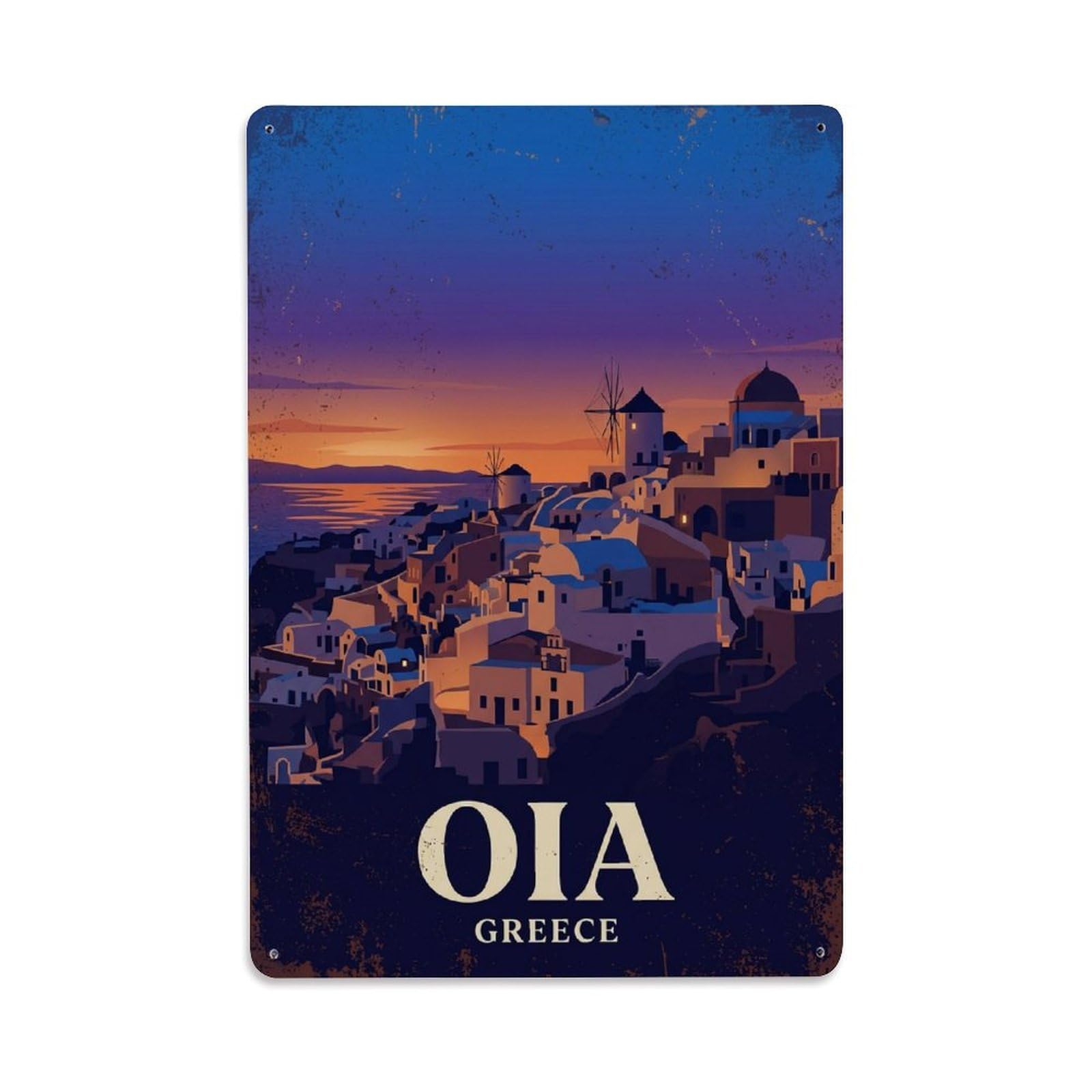 Fyrn Style Metal Tin Sign Vintage Travel Oia Greece Twilight