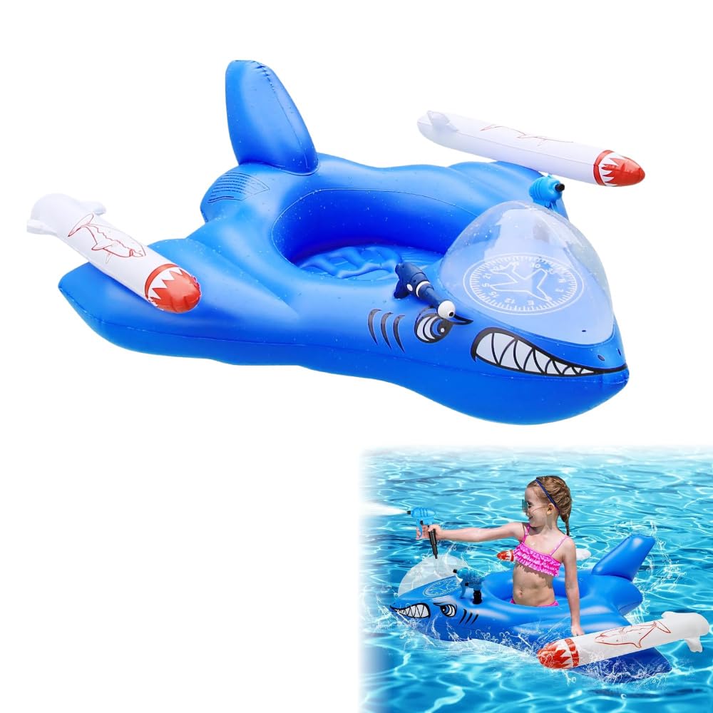 【2026 新登場】サメ型 ウォーターガン付き インフレータブル プールフロート 子供用 大人用 水遊び 浮き輪 耐荷重 100kg 家族で水合戦 プール/海水浴/夏祭りに最適
