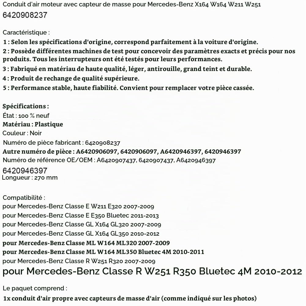 Durite d'air Moteur avec Capteur de Masse pour Mercedes-Benz X164 W164 W211 W251 6420908237 – Remplacement Direct,Haute Qualité