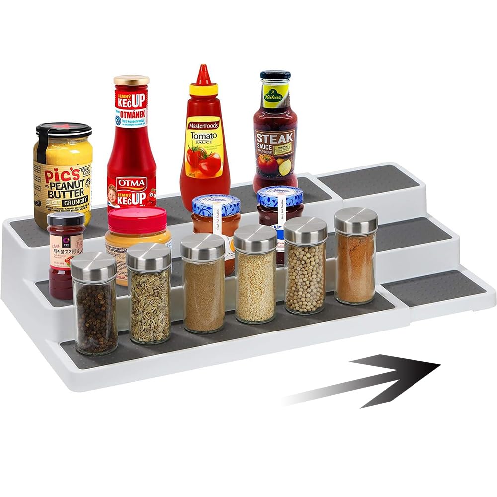 RHtvrll Spice Racks, 3-Tier Non-Slip Expandable Kitchen Storage Rack, Extendable Cupboard Shelf Organiser for Spices Condiments Cans