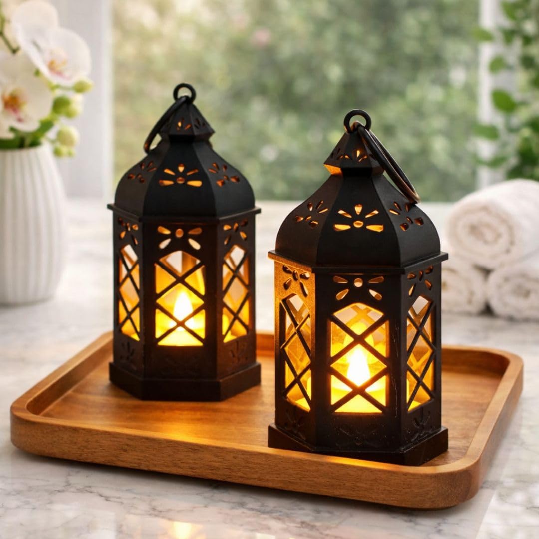 SATYAM KRAFT 2 Pcs Small Antique LED Lantern Hurricane Lamp – Flameless & Smokeless Acrylic Tent Light, Wall Hanging Candle Holder for Home, Wedding, Living Room, Camping Decor (12.5 x 6.5 cm)-image-33