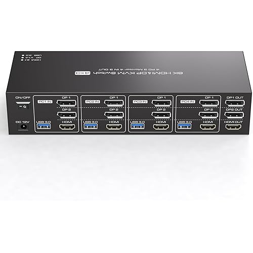 4K144Hz HDMI + 2 Displayport KVM Switch 3 Monitors 4 Computers 8K KVM Switches Triple Monitor for Four Computer Share 3 Display and Four USB 3.0 Ports Support Extended/Copy Mode with Infrared Remote