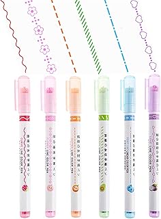 6 Pcs Colorful Curve Highlighter Pen Set, with 6 Different Curve Shapes Fine Tips, Multiple Pattern Fine Tip Colored Markers, Heart/Flower/Curve/Dotted Line/Slash/Dot