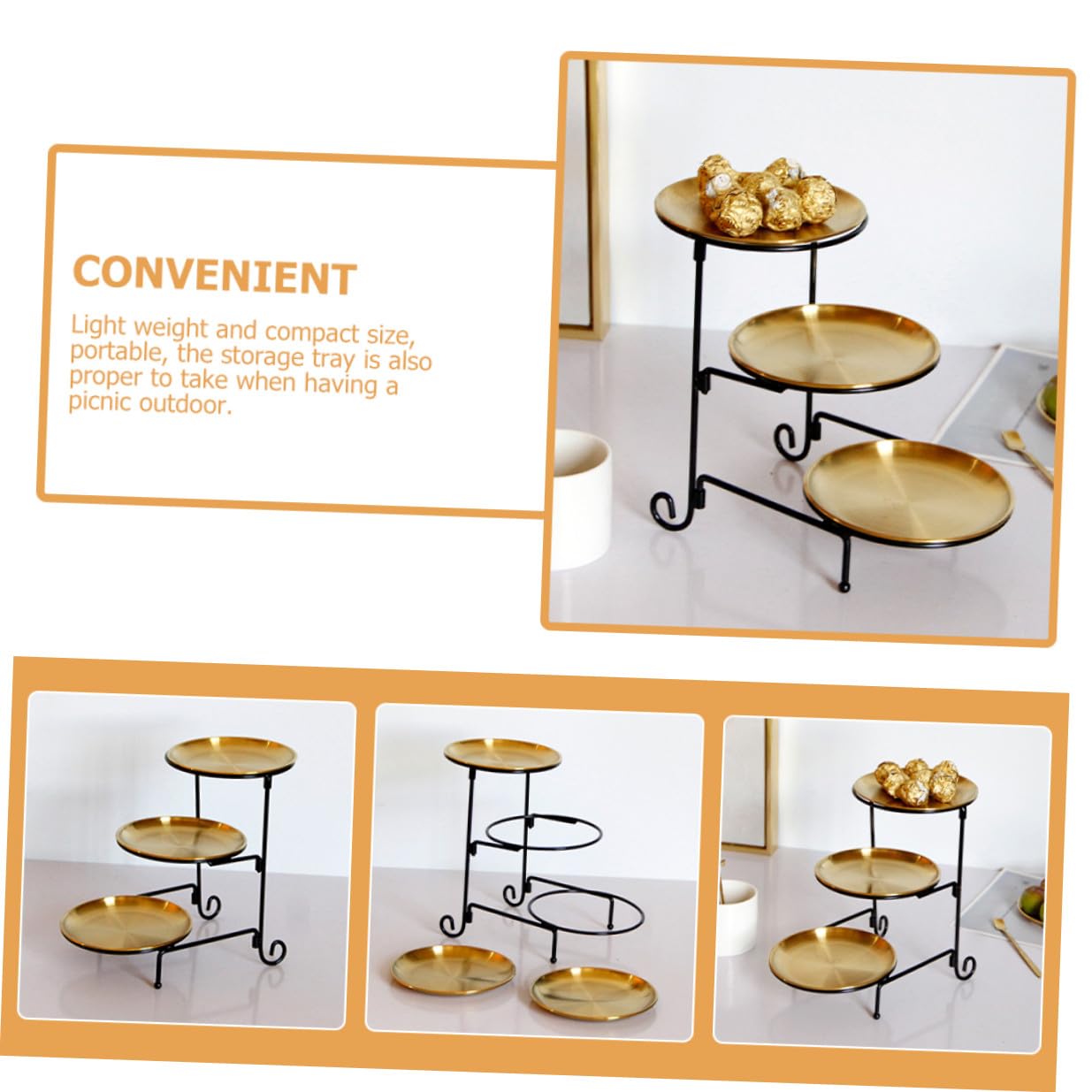 PartyKindom Piatto per Dolci a 3 Livelli in Acciaio Inossidabile Oro | Frutta Secca e Caramelle, Leggero e Rifinito, Uso Outdoor Picnic e Regalo Inaugurazione Casa