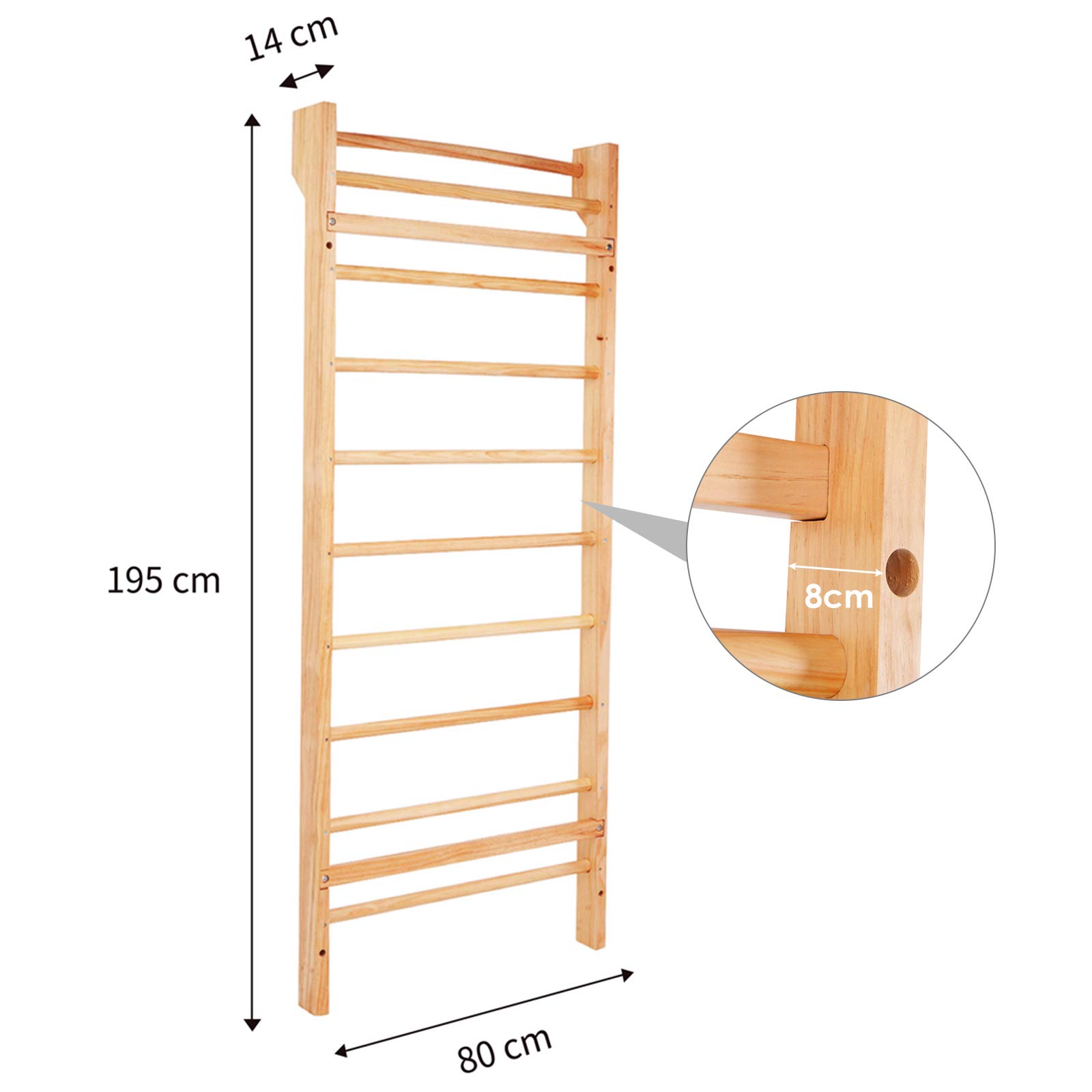 RELAX4LIFE Espaldera Gimnasio Casa de Madera Maciza de Pino con 10 Barras, Espaldera Madera de Pared para Niños y Adultos, Gimnasio Pared, Carga 150 kg, 195 x 80 x 14 cm