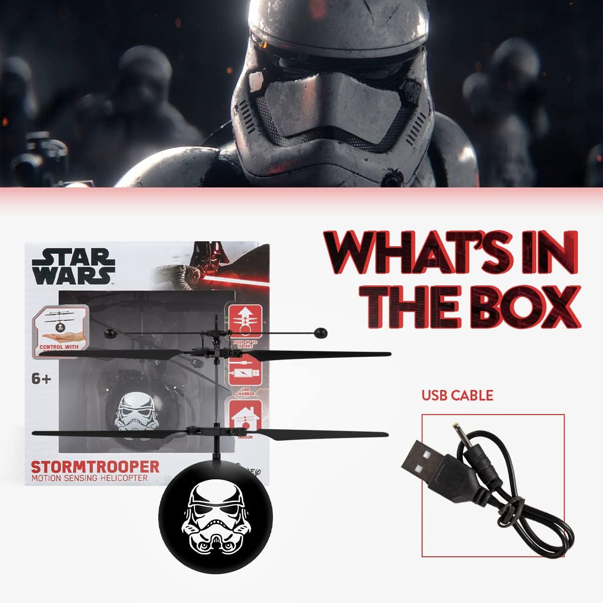World Tech Toys Star Wars Stormtrooper Flying Toy – Motion Sensing Flying Ball with USB Charging - Star Wars Licensed - Indoor/Outdoor Drone for Kids Ages 6+