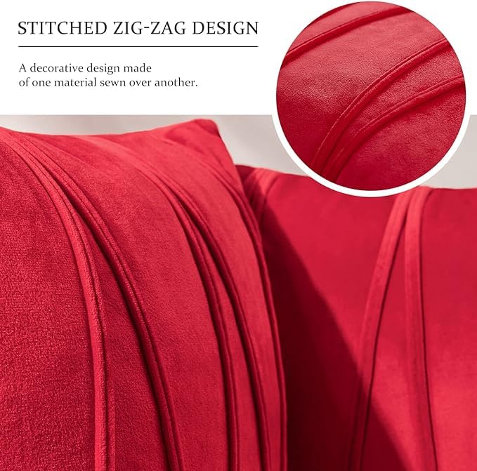 Image of Amazon Brand - Umi Decorative Striped Throw Pillow Covers 24 X 24 Inch,Soft Solid Velvet Pillow Covers Cushion Case with Zigzag Pattern for Sofa Bedroom 60 X 60 Cm (Pack of 2) Red